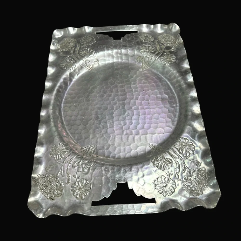 Vintage Hand Forged Hammered Aluminum Floral Serving Tray 88 Ruffled Edge 16.5in